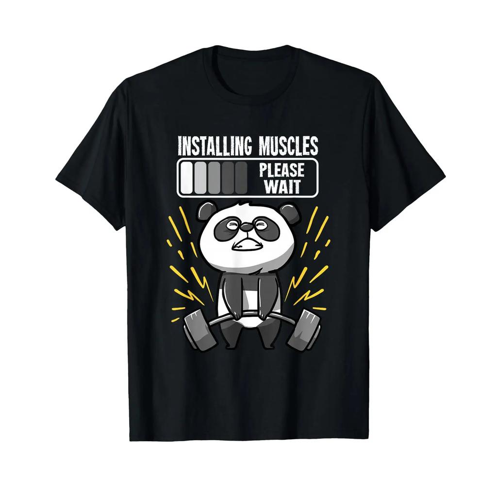 Funny Panda Installing Muscles Please Wait Gym Fitness T Shirt Vintage Top For Everyday Wear Fashion Homme Soft