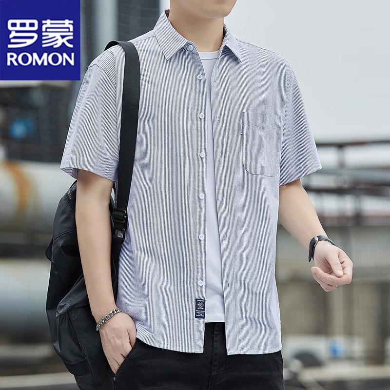 Romon Men s Short Sleeve Cotton Shirt M