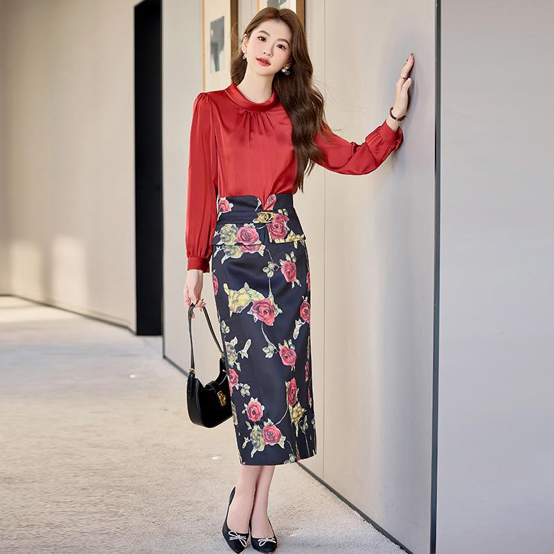 

2025 Spring Fashion Slim Fit Long-Sleeve Shirt & Midi Skirt Set XXL 65-70 kg