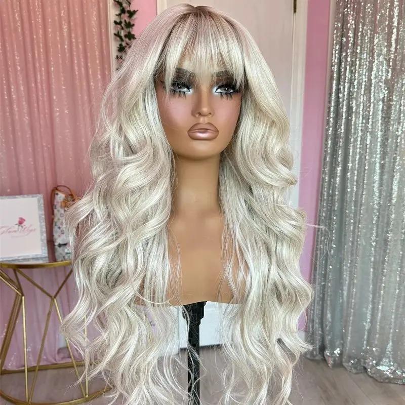 White Wig With Bangs Body Wave Lace Fornt Wig Synthetic And Blend Premium Fibre Heat Resistant Cosplay Pre Plucked For Women