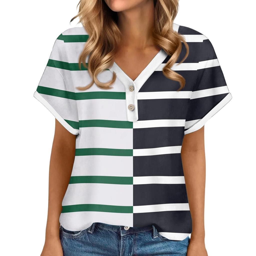 Women's Casual Fashion V-Neck Button Down Stripe Printed Short Sleeve Top