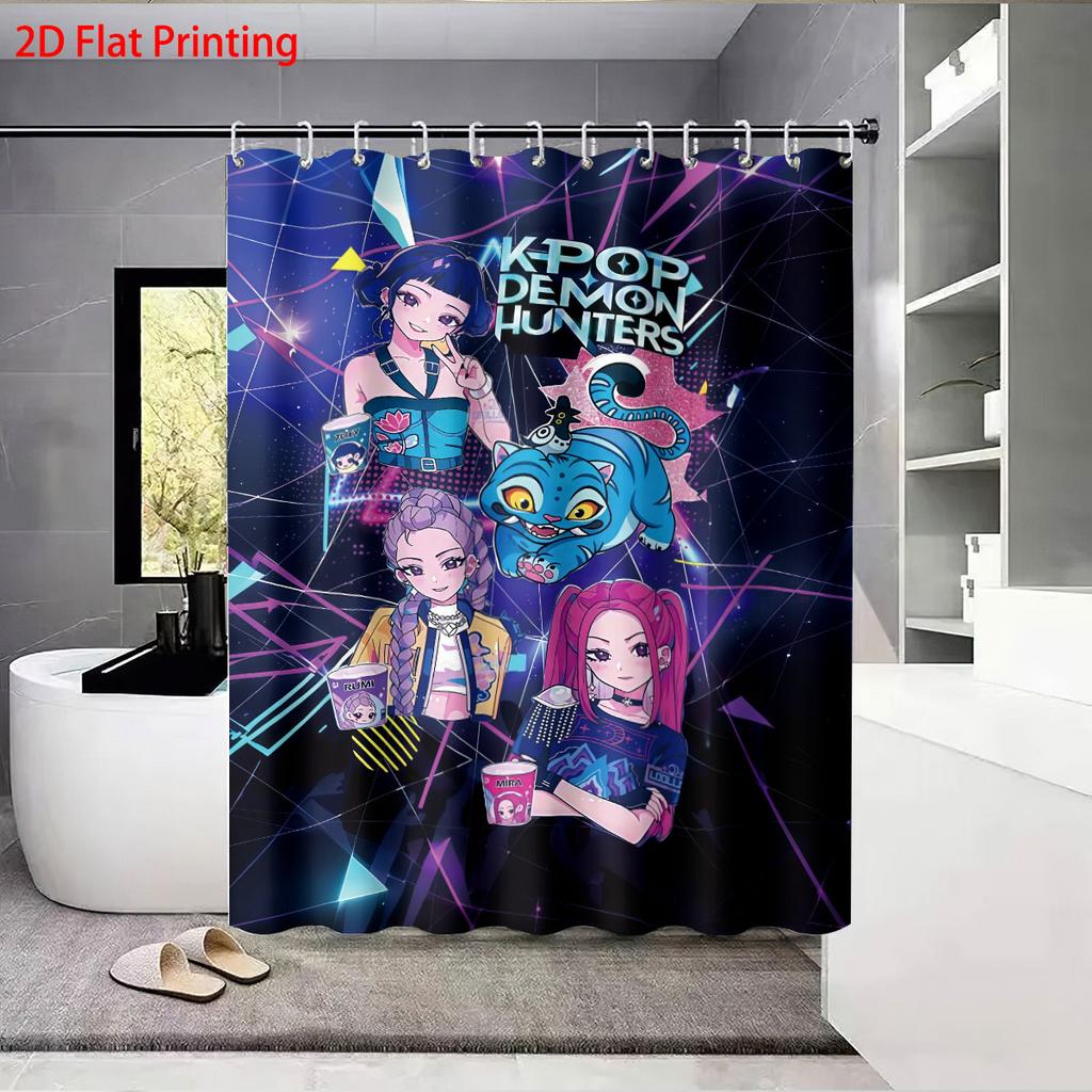 1ks K-Pop Lovci démonů potisk voděodolný sprchový koupelnový dělící závěs pro soukromí s 12 háčky snadná instalace
