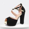 Fashion Liyke Fashion Double Buckle Strap Women Chunky Platform Sandals Sexy Thick Bottom Peep Toe 12.5CM Square High Heels Banquet Shoe