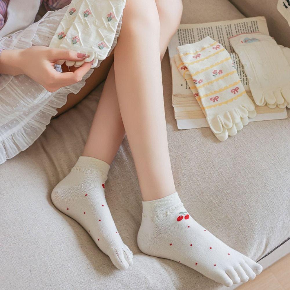 2Pairs Flower Bow Cotton Toe Socks Heart Boat Tube Socks Women Fashion Toe Separated Socks Daily