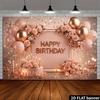 2D Elegant Rose Gold Birthday Backdrop Banner Blush Pink Floral Happy Birthday Party Decor Background