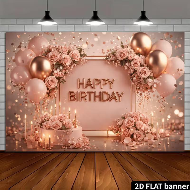 2D Elegant Rose Gold Birthday Backdrop Banner Blush Pink Floral Happy Birthday Party Decor Background