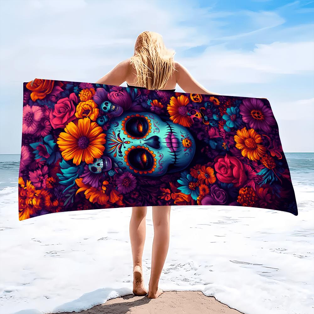 Oversized Bohemian Beach Towel - Vibrant Floral & Skull Print, Super Soft Microfiber, Quick-Dry Absorbent for Poolside, Summer