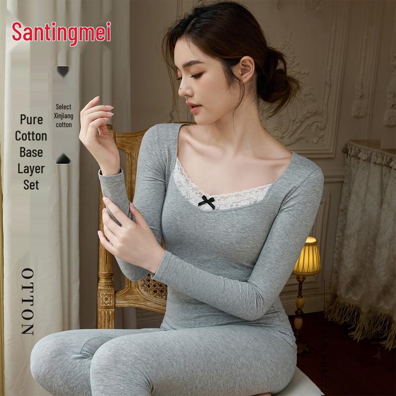 

Женский тонкий термокомплект из чистого хлопка Tingmei с кружевом L