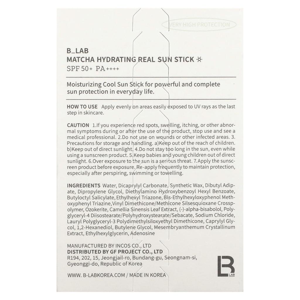 B_Lab, Matcha Hydrating, Real Sun Stick, SPF 50+ PA++++, 21g (0,74 Unzen)