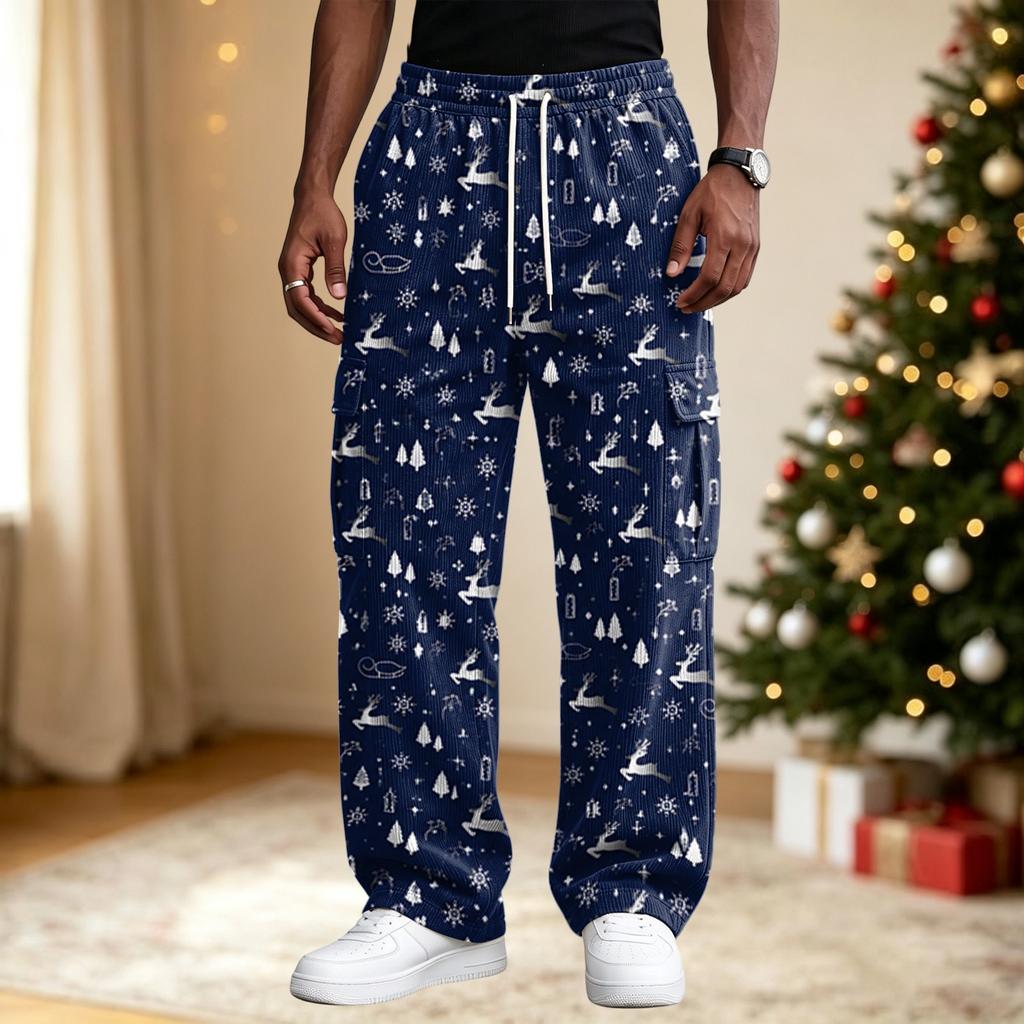 Men's Streetwear Casual Loose Fit Comfortable Athletic Pants with Christmas Print for Holiday Lounging