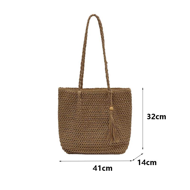 Yogodlns Women Hand Woven Tote Bag Solid Color Large Capacity Square Handbag Straw Shoulder Bag with Tassel Pendant