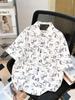 Japanese-Style Retro French Loose Printed Lapel Shirt for Women - Summer Thin Short Sleeve