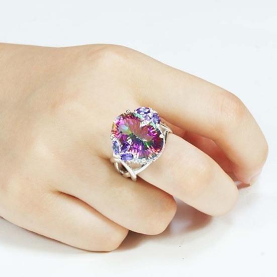 Glitter Flower Bud Inlaid Rainbow Rhinestone Bridal Ring Engagement Jewelry Gift