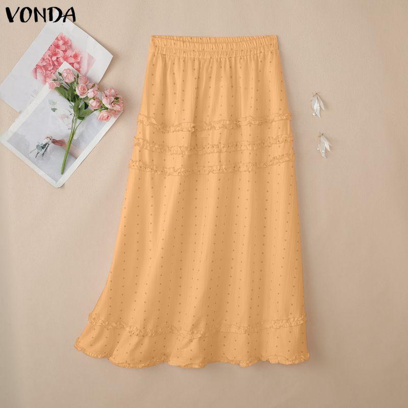 VONDA Women Elastic Waist Polka Dots Casual A-Line Pleated Swing Skirts