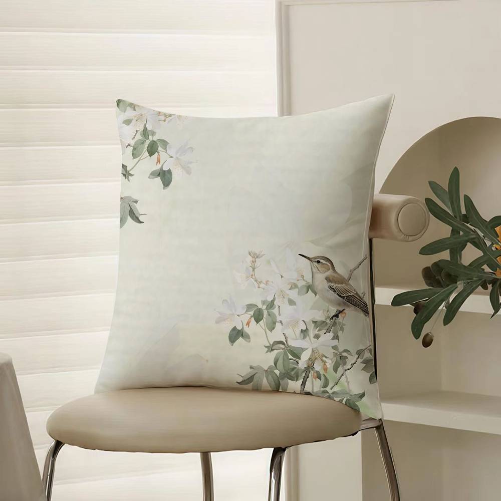 Chinese Style Simple Bird Flowers Pillow Case Comfort Sofa Bed Silky Elegant Invisible Zipper Decorative Cushion Cover