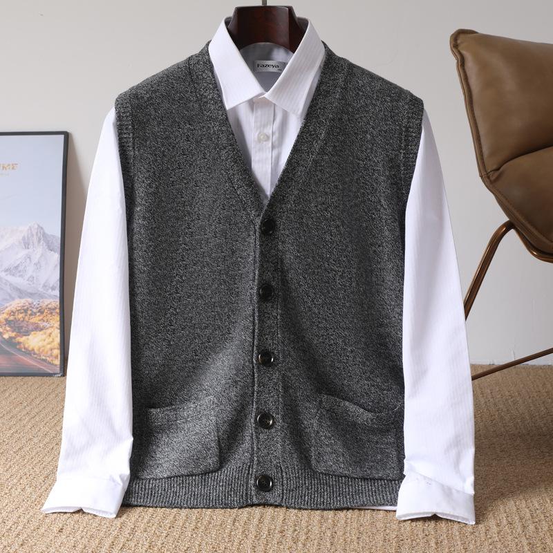 Men`s 100% Wool V-Neck Sleeveless Cardigan
