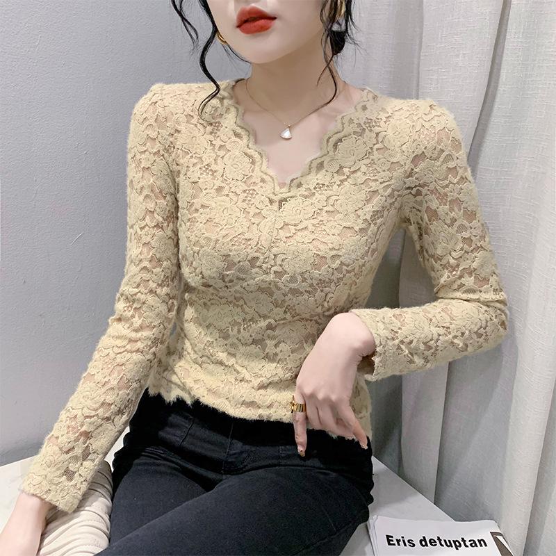 Women's V-Neck Lace Mesh Velvet Top - Long-Sleeve, Slim, Stylish for Autumn/Winter