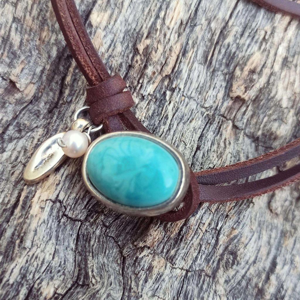 Bohemian Style Leather Turquoise Pendant, Artistic Retro Jewelry Necklace with Gemstone Leather Necklace