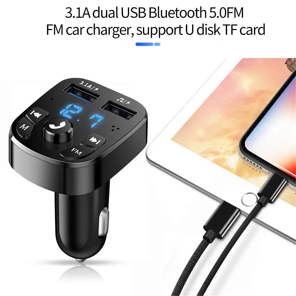 Bluetooth 5.0 Car FM Transmitter Fast Charger 3.1A Dual USB Hands-Free Kit for Auto
