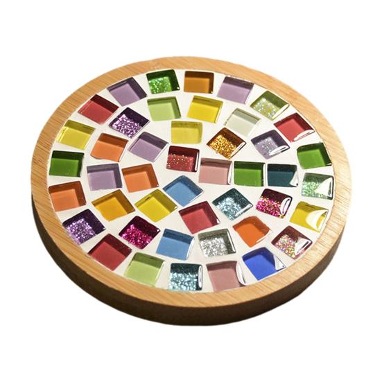 DIY Glass Mosaic Tile Coaster Set Mixed Color Mosaic Kit with Wooden Coaster Kids Adults Handmade Mosaic Crafts Coaster with Accessories