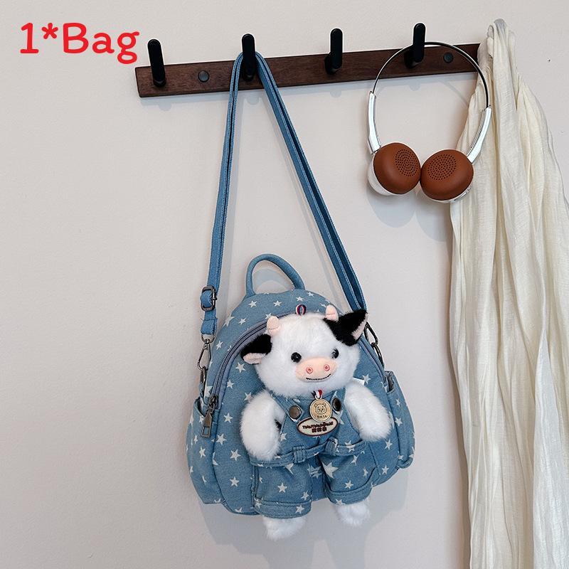 Cartoon Double Shoulder Backpack For Girls Kids Travel Lightweight Denim School Bag With Zipper Closure