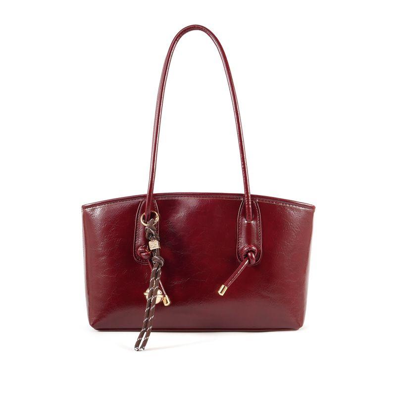 

Wine Red Oil Wax Leather Handbag Detachable Knot Ornaments Light Luxury Ring Buckle Hand Bag Women Commuter Banquet Bag Wedding Bag Red