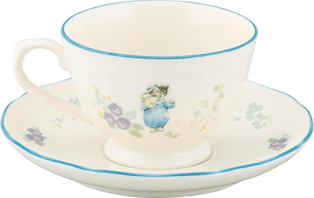 Yamaka Shoten Peter Rabbit Teacup & Saucer, 220ml, Approx. 9x6cm Diameter, Shabby Chic Flower Design, White, PR651-28