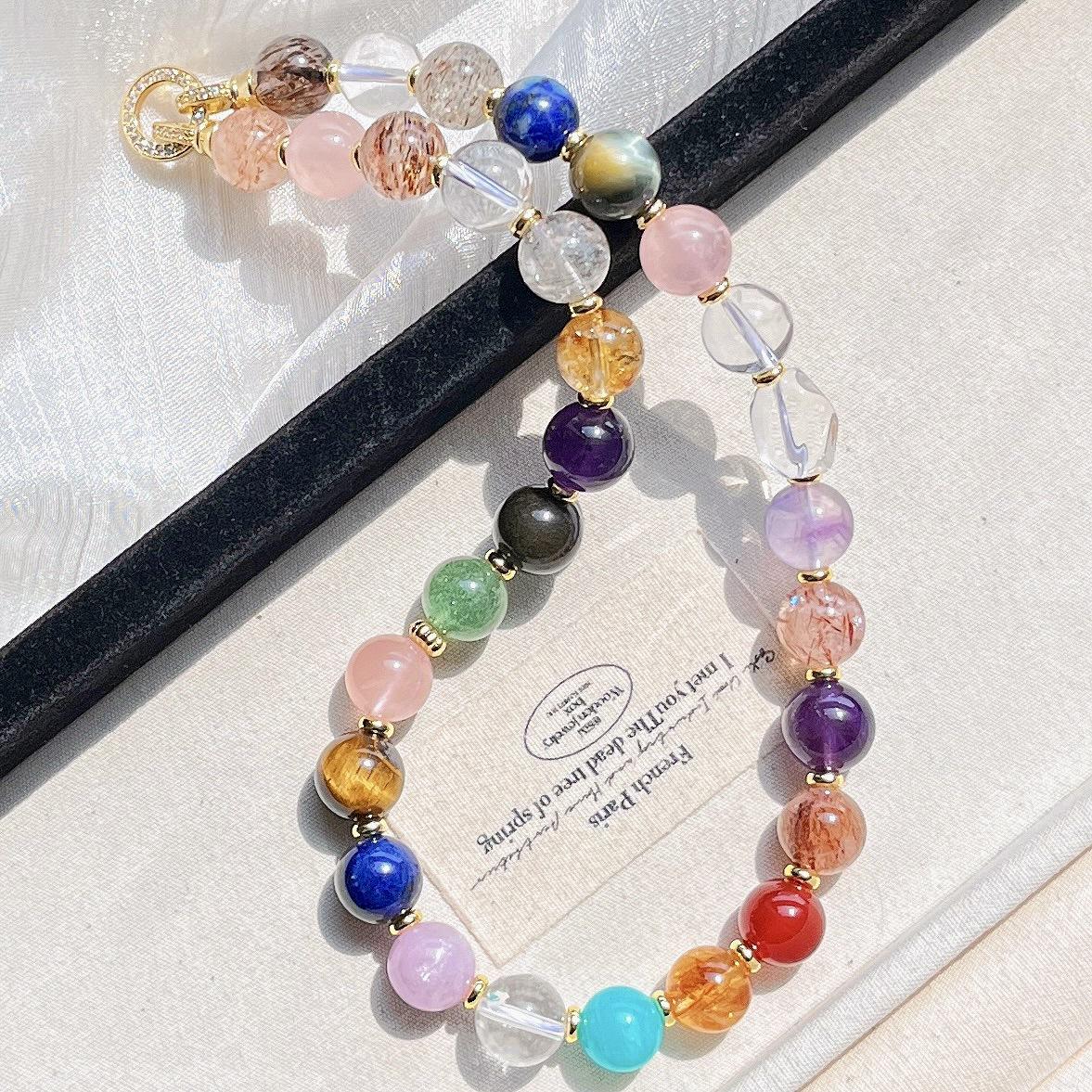 12Mm Natural Black Gold Super Seven Tianhe Stone Purple Lithium Brilliant Tiger S Eye Stone Lapis Lazuli White Crystal Multi-Treasure Necklace