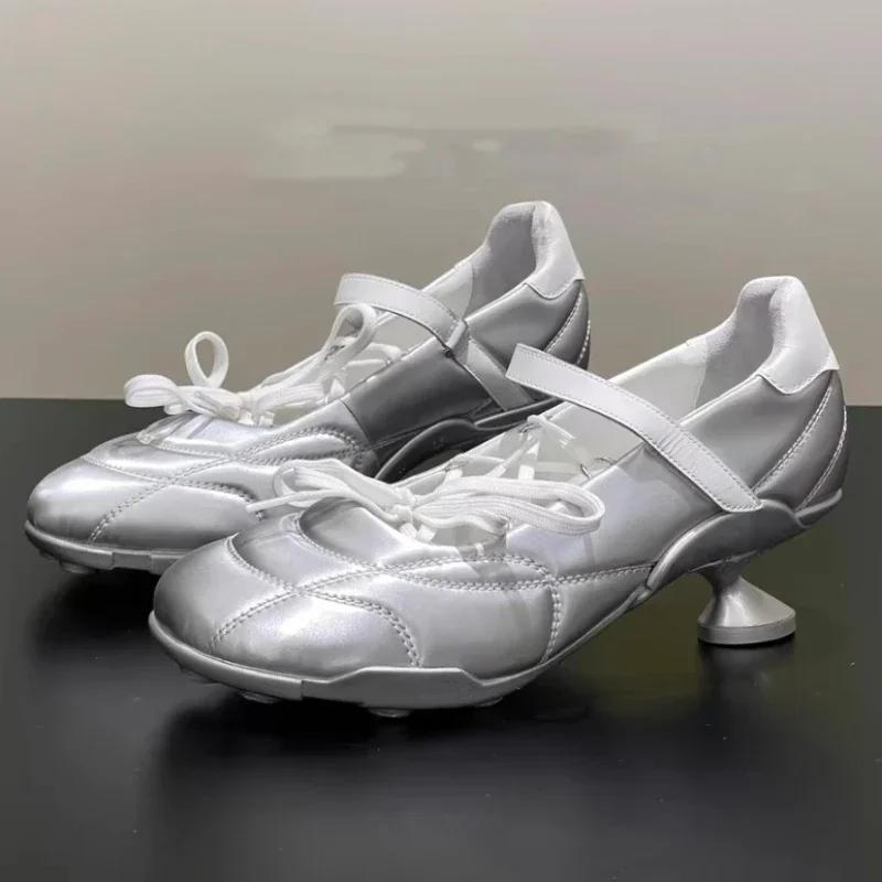 Fashion Designer Heeled Ballet Pumps Women Round Toe Cross Lace Up Strange Shoes Sporty Style Silver Brand Low Heeled Shoes