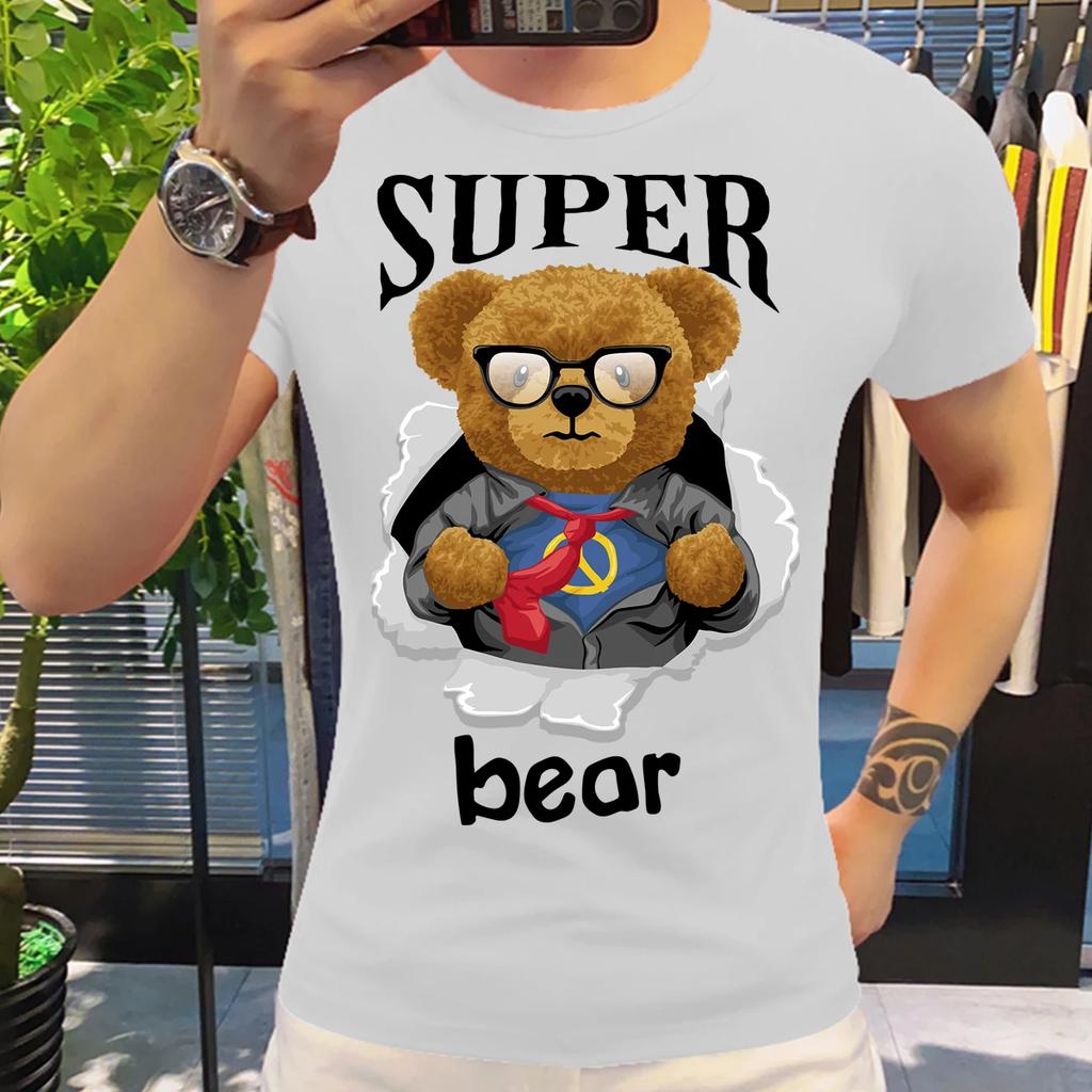 Motorcycling Bear Funny Cute Top Camisetas Black Ladies Tshirts Aesthetics Graphic White Short Sleeve 100%Cotton Man's T-shirt