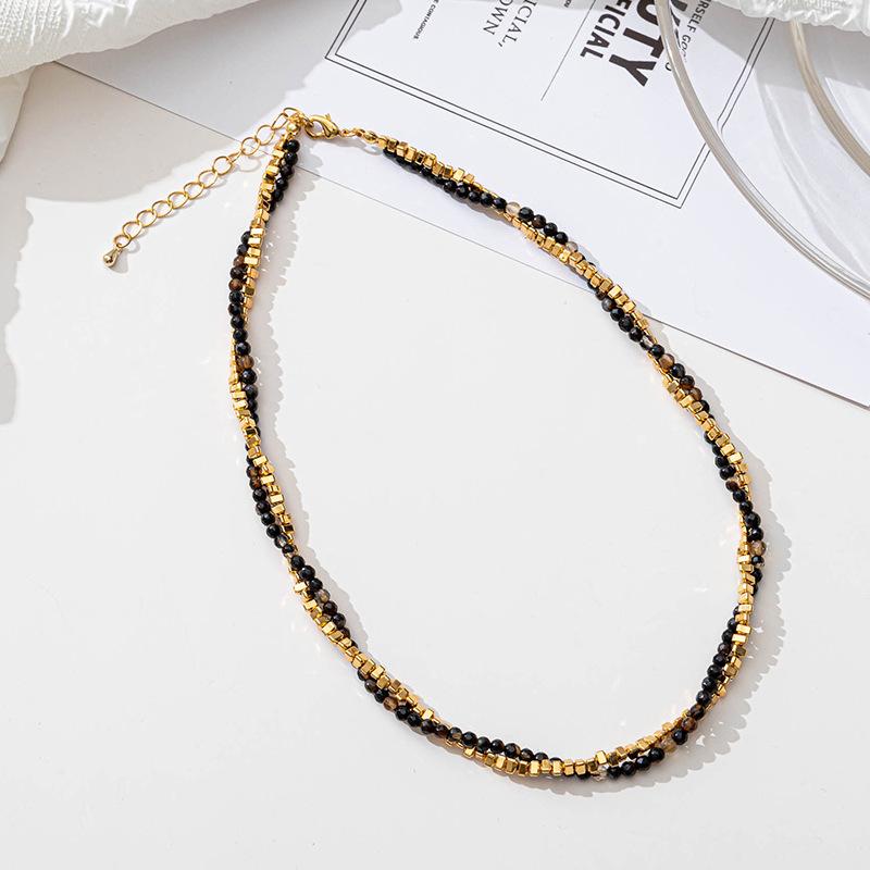 GEMCHIC Women s Vintage Black Agate Beaded Necklace and Bracelet Set, Gold Plated Titanium Steel Double Layer Choker Jewelry