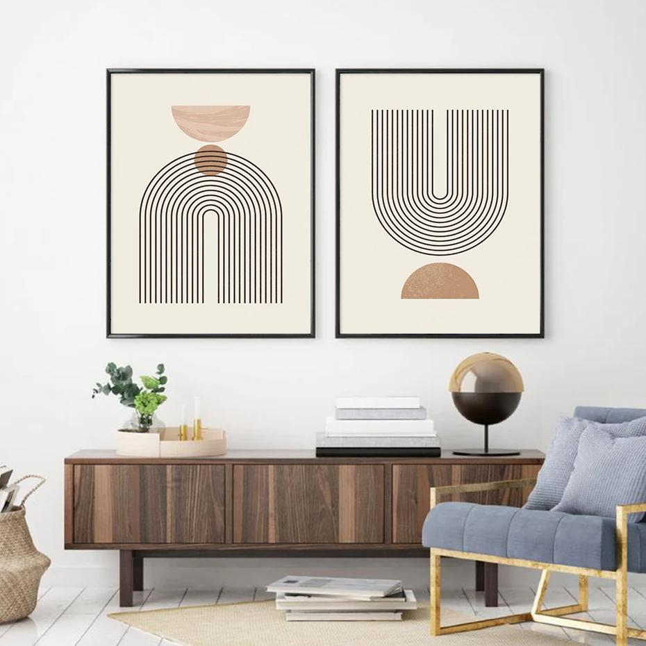 Pósteres Abstractos de Líneas Geométricas Beige Pintura sobre Lienzo Bohemia Arte de Pared Impresión Imágenes para Sala de Estar Interior Decoración del Hogar