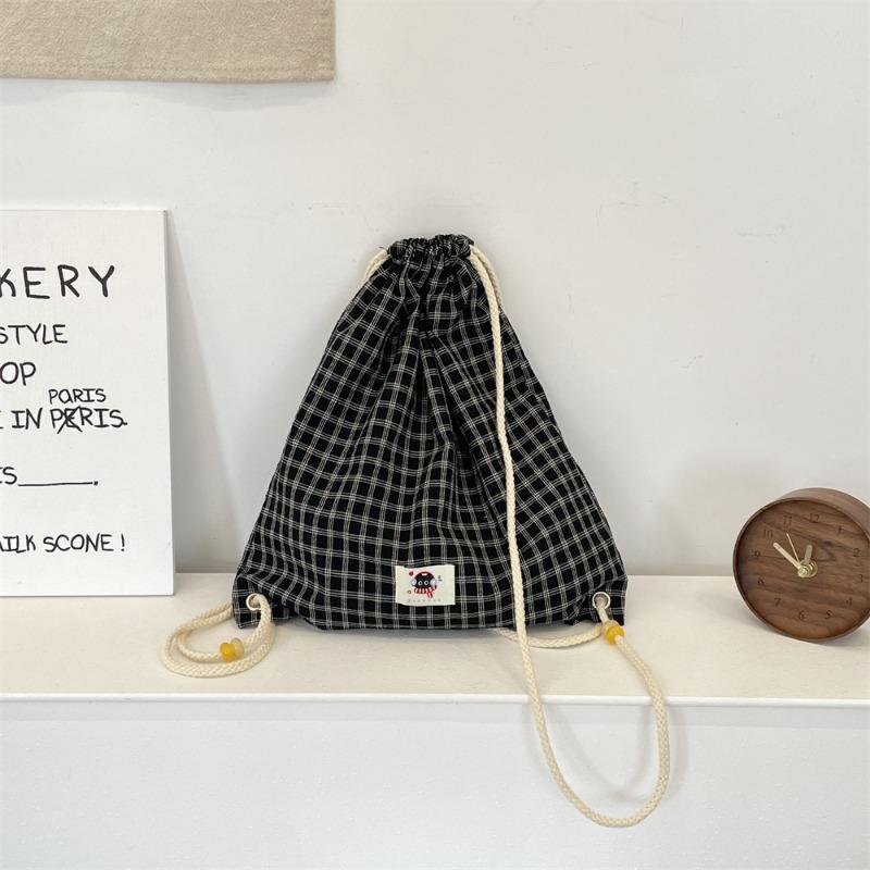 

32 Новый модный тренд рюкзак на шнурке с бисером летний клетчатый холщовый рюкзак простой для поездок чёрный