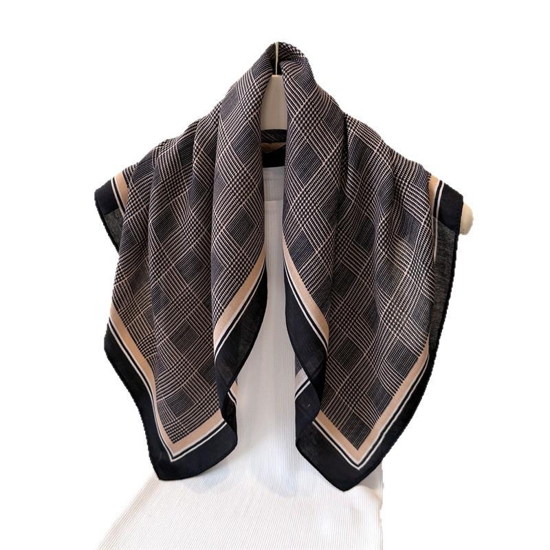 Classic Plaid Herringbone Pattern Cotton And Linen Small Square Scarf Silk Scarf Imitation Velvet Headscarf Shawl Sun Protection Scarf