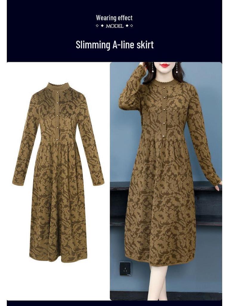 Autumn Winter 2025 High Neck Patterned Long Knit Sweater Dress