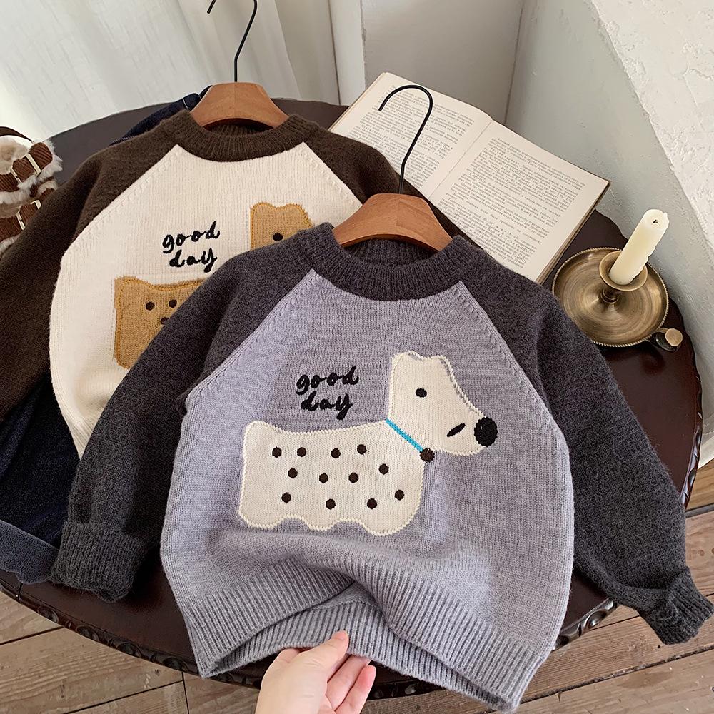 Kino Winter Korean Style Boys' Knitted Cartoon Sweater - Thick, Warm, and Trendy.
