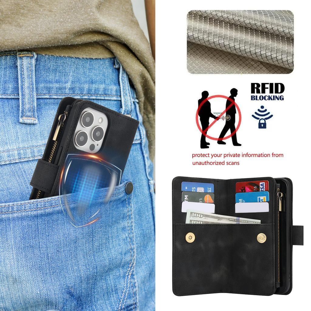 Peněženka 9 slotů na karty Flip Zipper Kožené pouzdro pro iPhone 16 15 Plus 14 13 12 11 Pro Max XR X Samsung S24 S23 S22 S21 Ultra Plus FE A15 A55 A14 A34 A54
