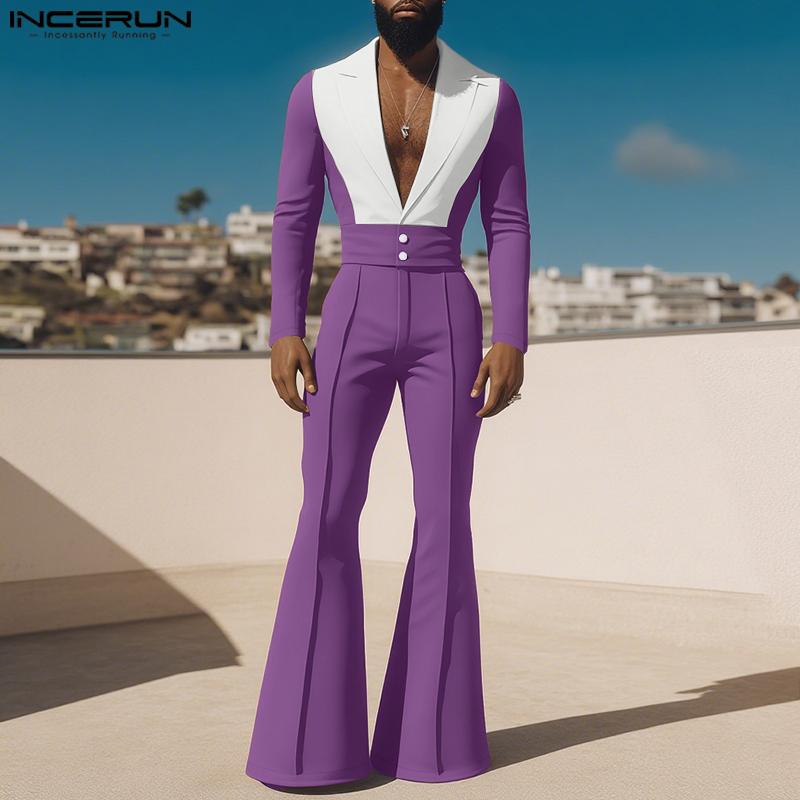 INCERUN Two Pieces Men Lapel Long Sleeve Patchwork Cropped Blazer Long Flare Pants Sets Outfits