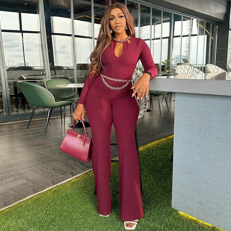 

Европейско-американская женская мода 2025: Шикарный комбинезон с длинными рукавами, высокой талией и широкими штанинами Small кирпич красный
