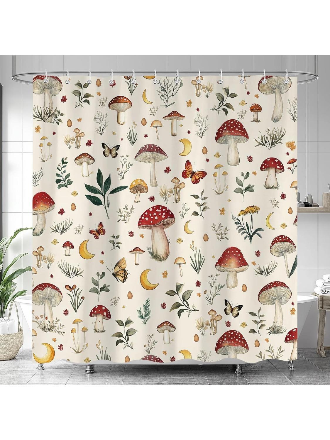 

Mushroom Shower Curtain, Cute Funny Nature Botanical Plant Design Bath Curtains For Bathroom, Vintage Flower Butterfly Beige W60H190(CM)-1 Pcs