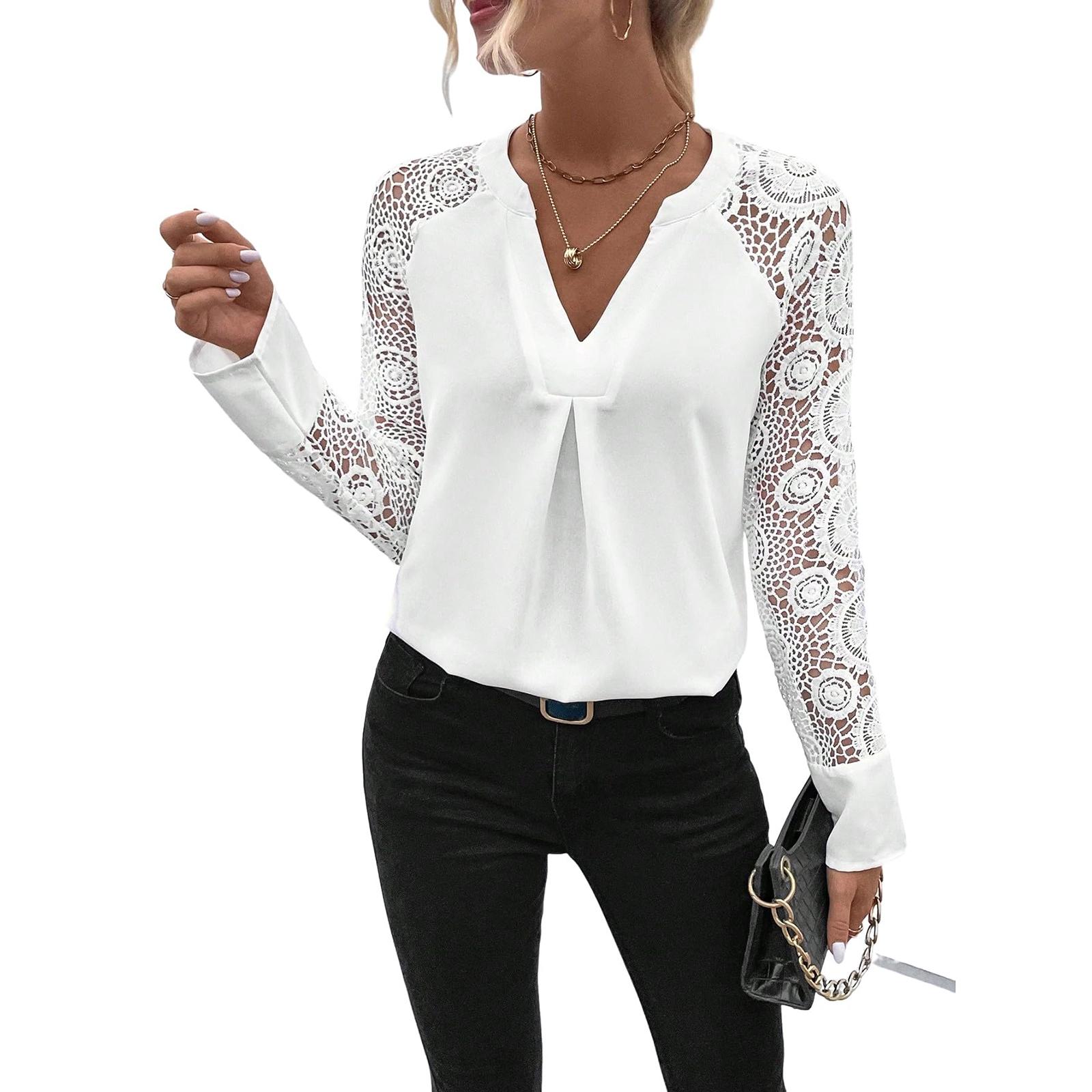 Женская рубашка с V-образным вырезом: Повседневный элегантный топ-футболка M белый