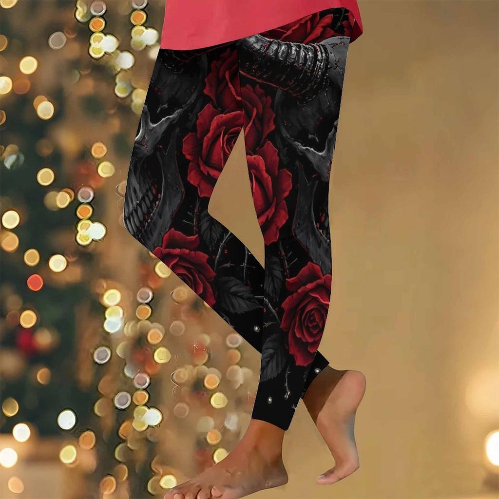 Women's Leggings Vintage Fashion Casual Ankle-Length High Waist Halloween Rose Skull Printing Thermal Warm Soft Breathable Micro-elastic