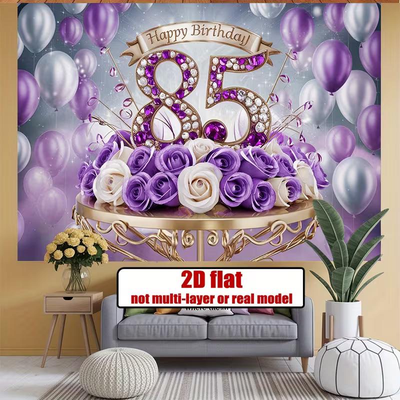 2D Glitzer Lila 85. Geburtstag Hintergrund Blumige Ballons Fotokabine Banner