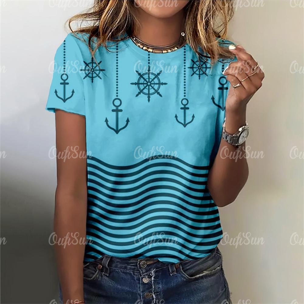 

2024 новая стильная футболка для женщин, топ с принтом якоря, летние футболки большого размера для женской одежды, женская мода с круглым вырезом, большие размеры 3XL