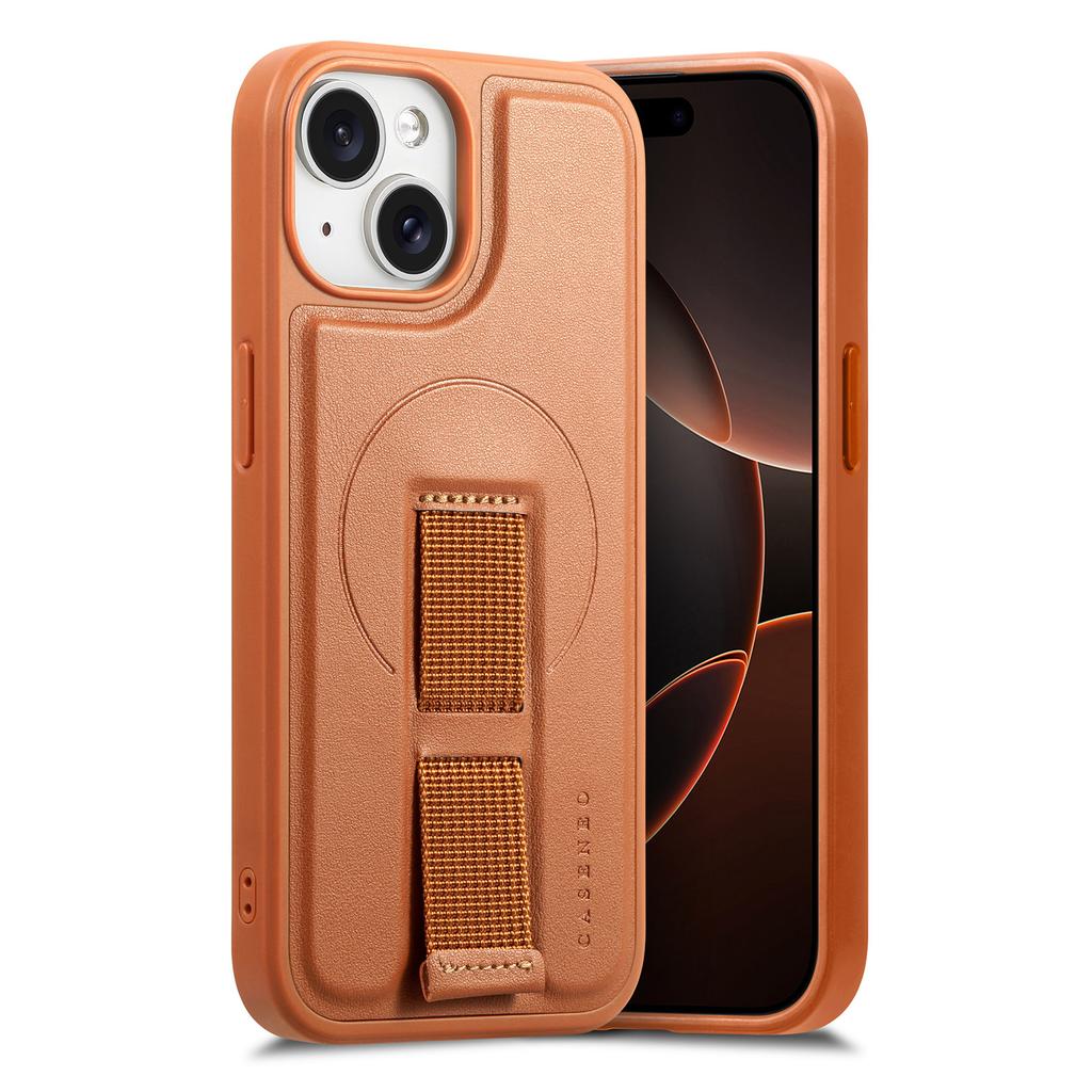 For iPhone 15 Plus/iPhone 14 Plus Magnetic Case CASENEO Wristband PU Leather+PC Shockproof Phone Cover
