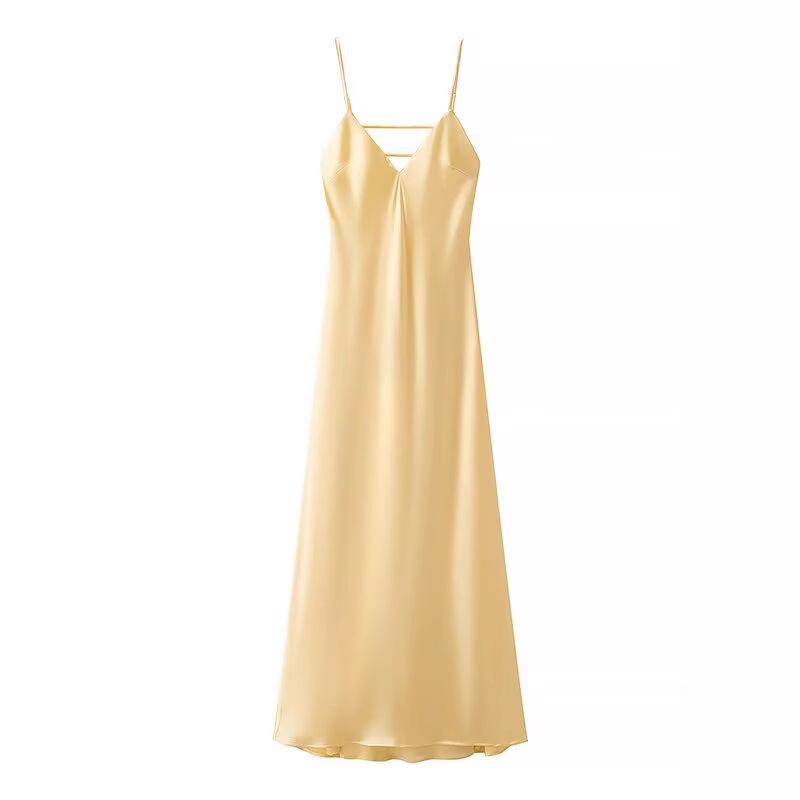 

ZA European & American Style Gold Satin Spaghetti Strap Midi Dress XS