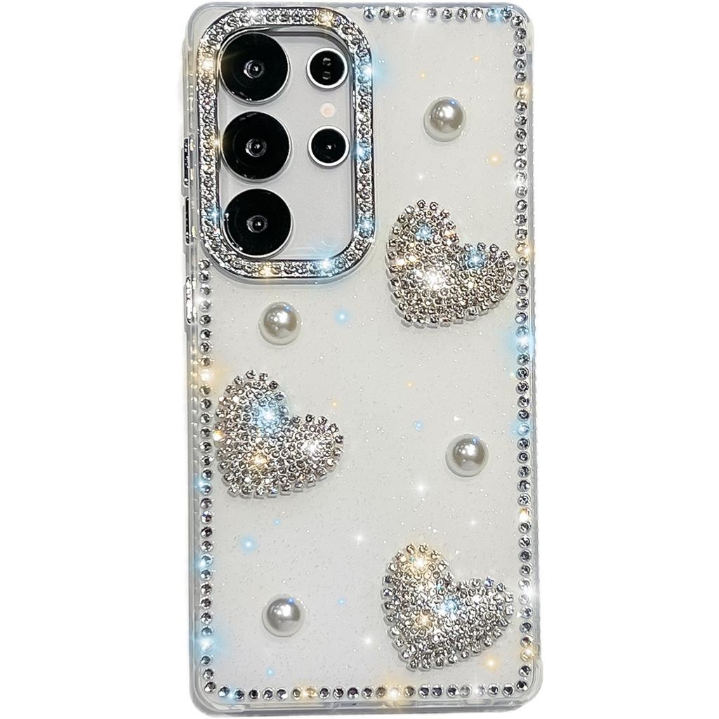 Handmade Sparkly Diamond Pearl Heart IMD Phone Case, Compatible with Samsung S23 Ultra/S24/S25 & A07/A15/A16/A17/A26/A35/A36/A55/A56