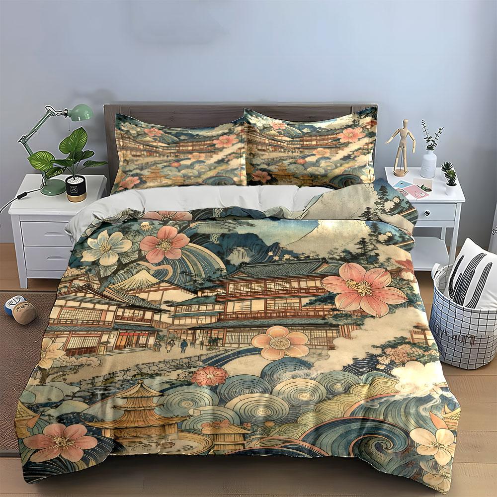 Japanese Landscape Three-Piece Set Decor Soft Comfortable Duvet Cover Bedding Set Included 1*Duvet Cover & 2*Pillowcases,Gift