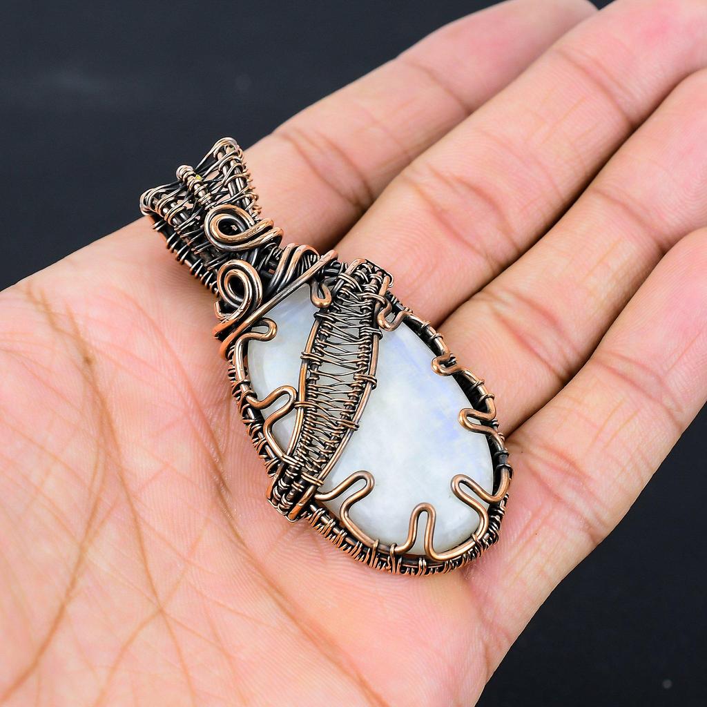 Mondstein-Edelstein, reiner Kupferdraht, umwickelt, handgefertigter Anhänger-Schmuck zum Verschenken