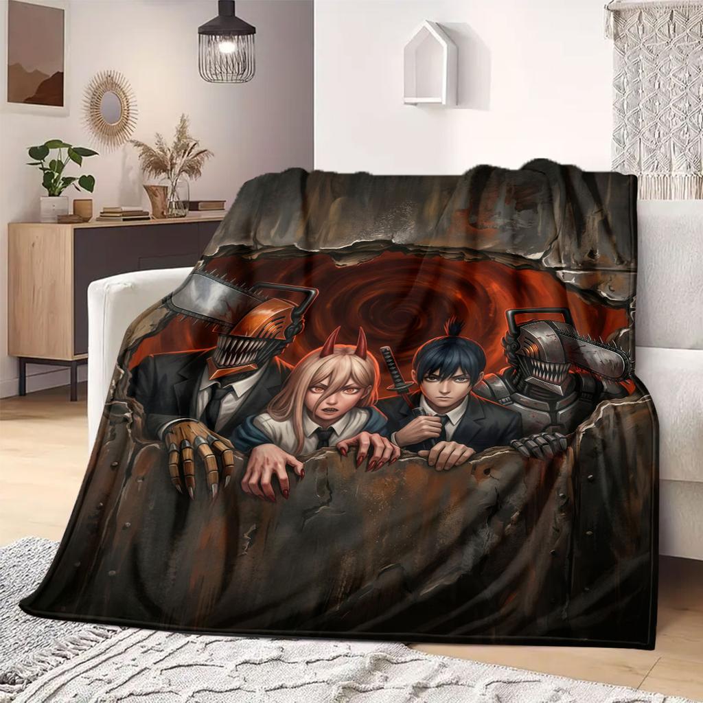 Chainsaw Man Modern Print Flannel Blanket, Cartoon Theme for Living Room, Warm Bedding, Portable Travel Nap Blanket_LIAN